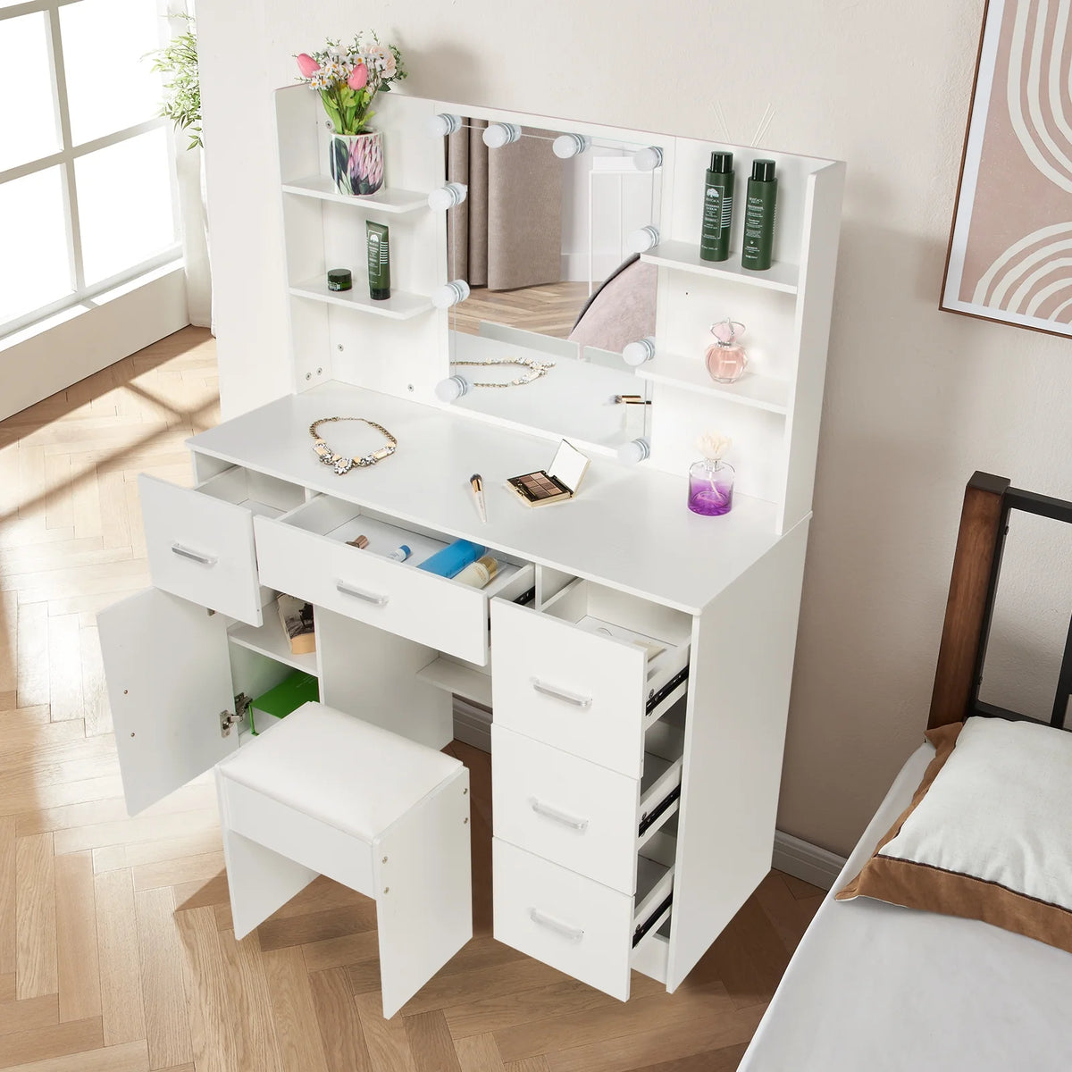 White Makeup Vanity Set with Mirror and Lights K626883