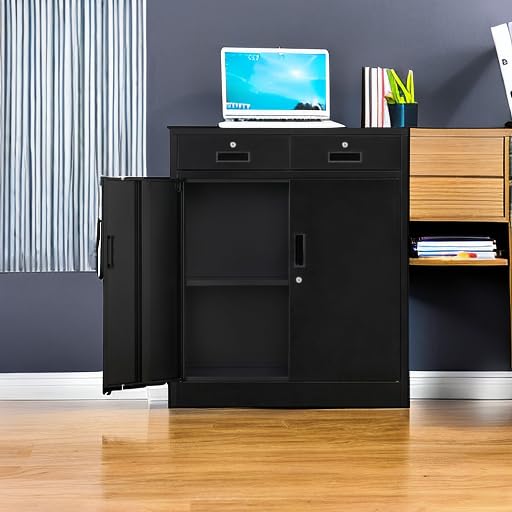 Black Steel Storage Cabinet with 2 Lockable Doors and 2 Adjustable Shelves B6472