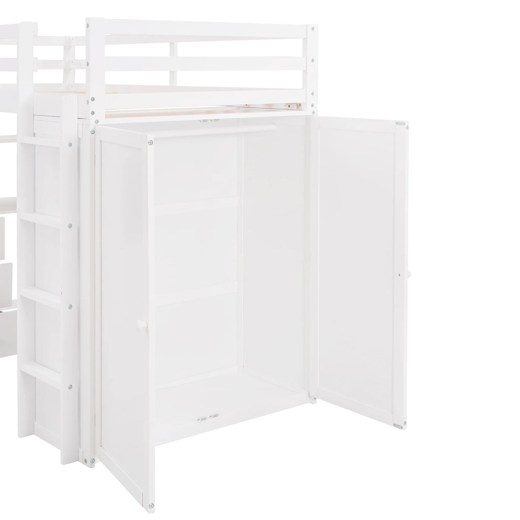 White Twin Size Wooden Loft Bed with Drawers, Desk, Wardrobe, Ladder & Safety Rails Z5715