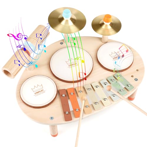 9 in 1 Wooden Musical Instruments Drum Set with Xylophone O976203