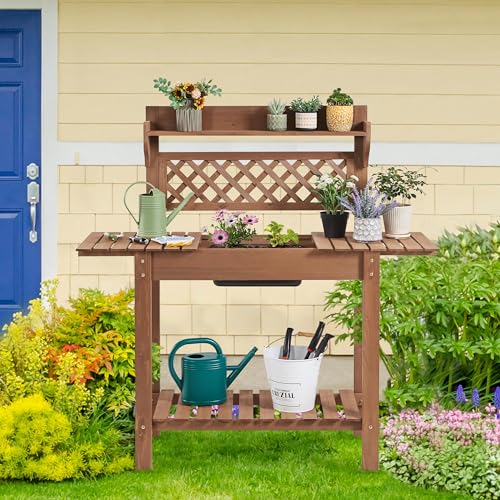 Brown Wooden Potting Bench Table V47830