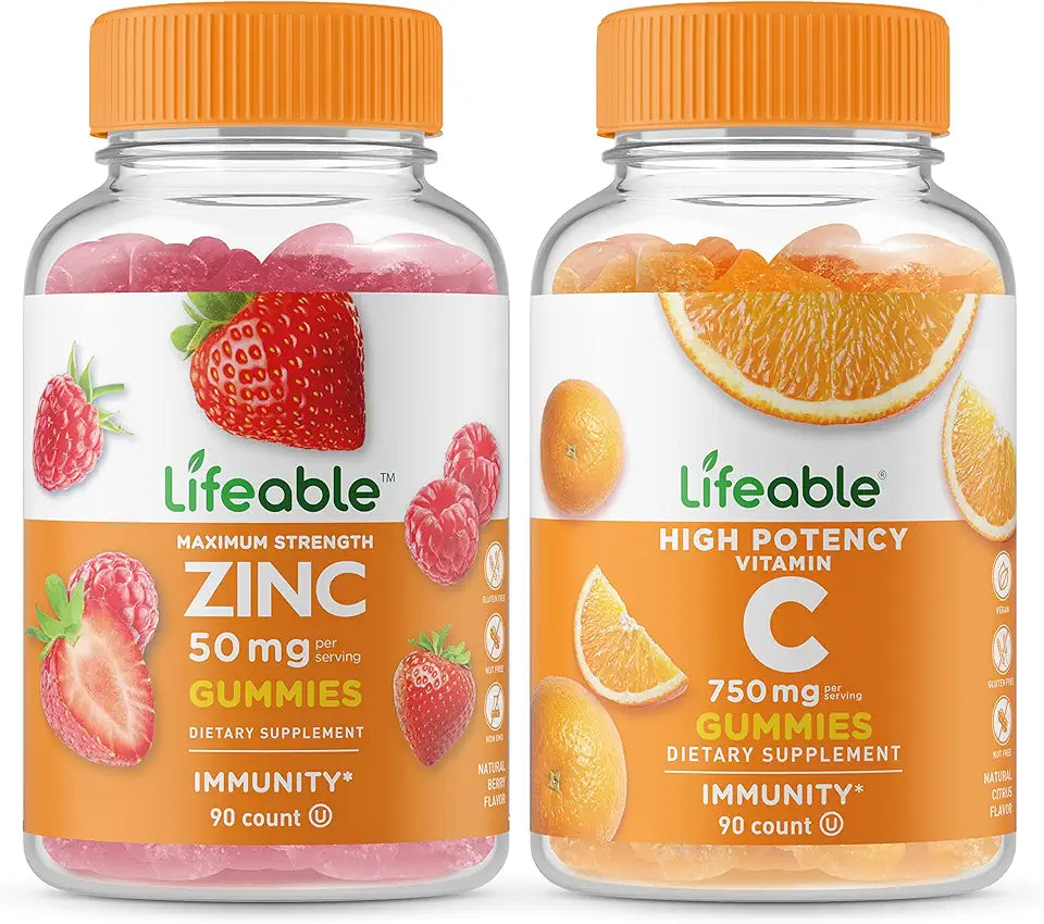 Zinc 50mg Vitamin C 750mg Gummies Bundle Chewable Gluten Free Vitamin Supplement W720