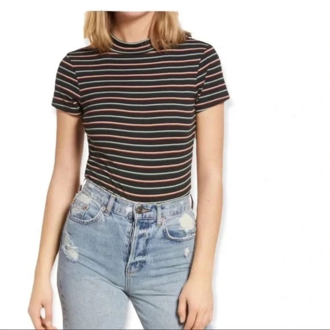 Black Multi Stripe Mock Neck Knit Bodysuit I25084
