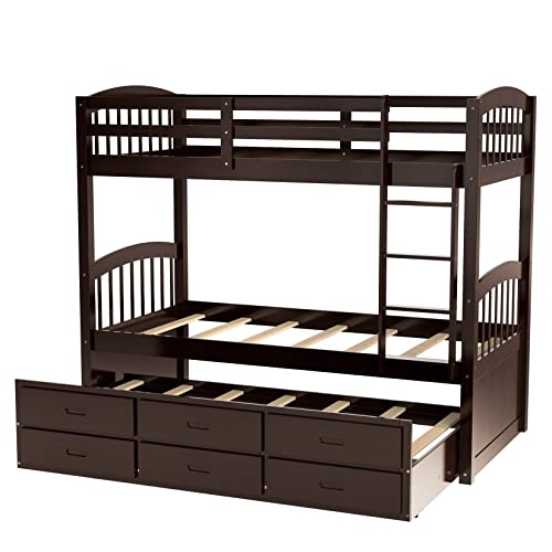 Twin Over Twin Wood Bunk Bed with Trundle and Storage Drawers R102