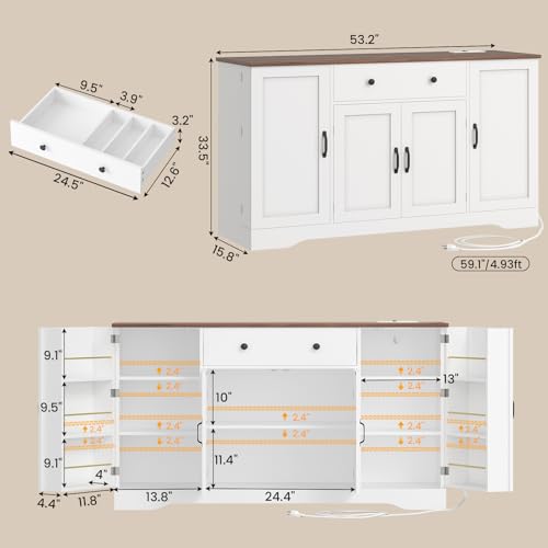 White Buffet Cabinet with Charging Station and Adjustable Shelves E98756