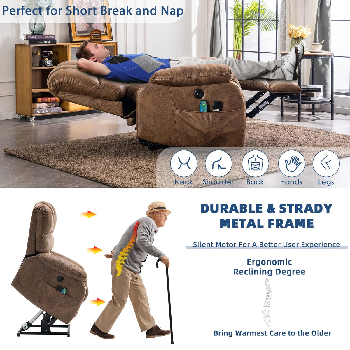 Brown Dual Motor Large Electric Lift Recliner Chair with Heated Massage C4272
