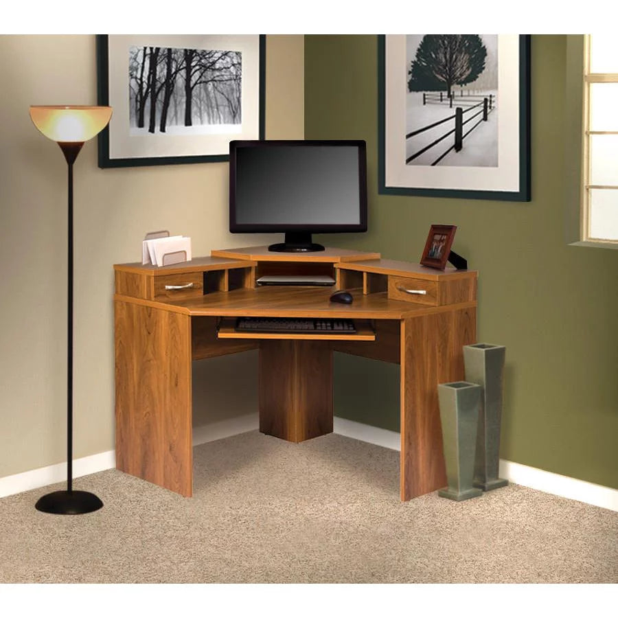 Corner Desk with Monitor Platform, Keyboard Shelf and 2 Drawers J966105