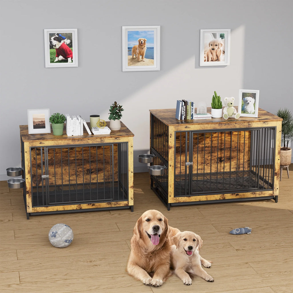 44.1'' Wooden Dog Crate with 2 Stainless Steel Bowls O76968