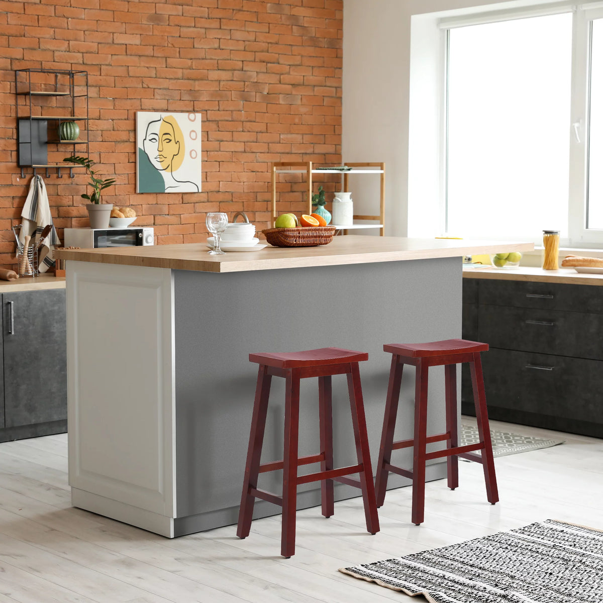 29 Inch Saddle Bar Stools Set of 2 Solid Wood Cherry T965539