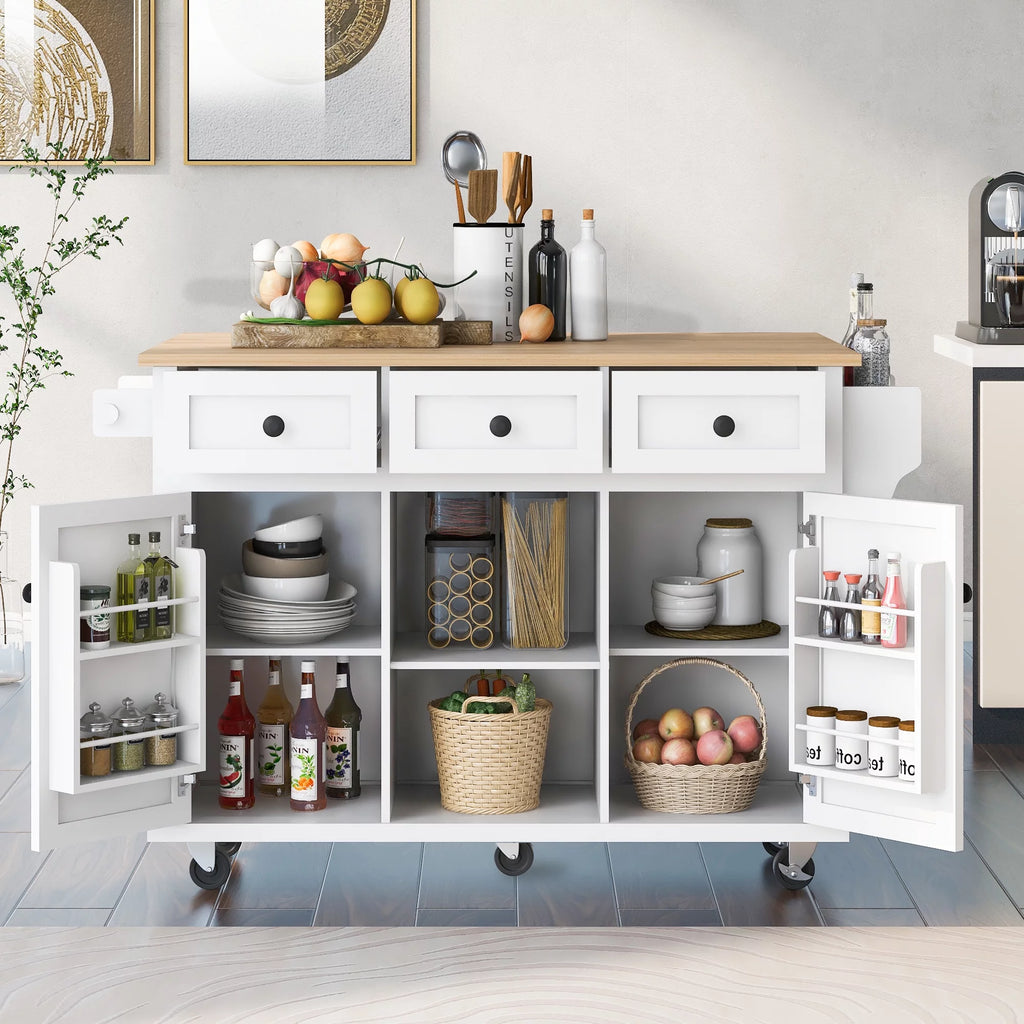 White Kitchen Island with Storage, Drop Leaf, 3 Drawers A977445