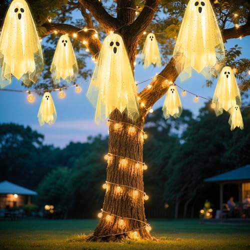 3 Pack 12" Lighted Hanging Ghost Halloween Decorations with Sheer Gauze A2629