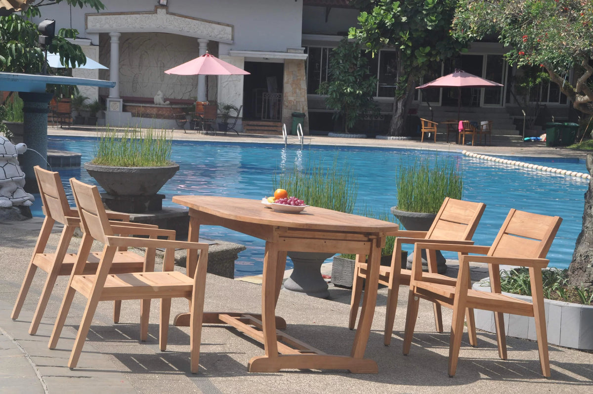 Grade-A Teak 5 Pc Dining Set with Oval Trestle Leg Table and 4 Stacking Arm Chairs V616570
