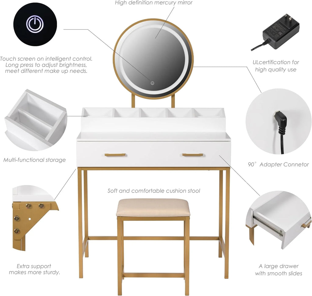 White Makeup Vanity Desk with Mirror and Lights N327623