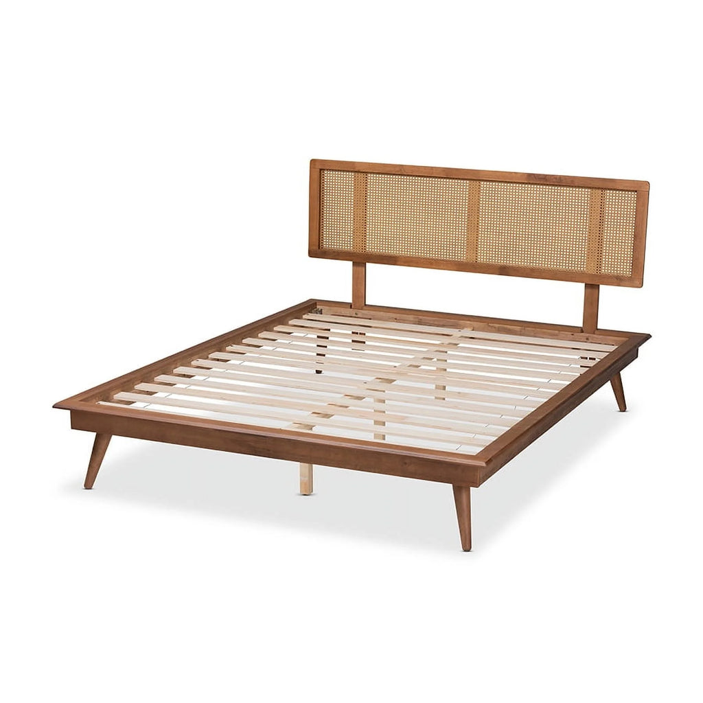 Walnut Brown Wood and Synthetic Rattan Full Size Platform Bed L115