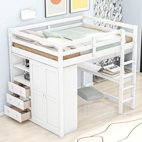 Full Size White Wood Loft Bed Frame with Desk, Wardrobe, Storage Shelves and Drawers P8318
