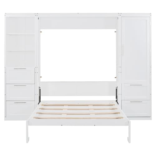 Queen Size White Murphy Bed with Drawers and Shelves P821