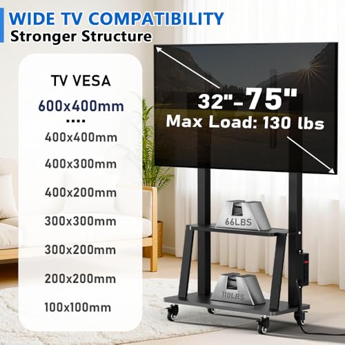 Black Rolling TV Stand with Power Outlet, Height Adjustable for 32-75 inch TV S6619
