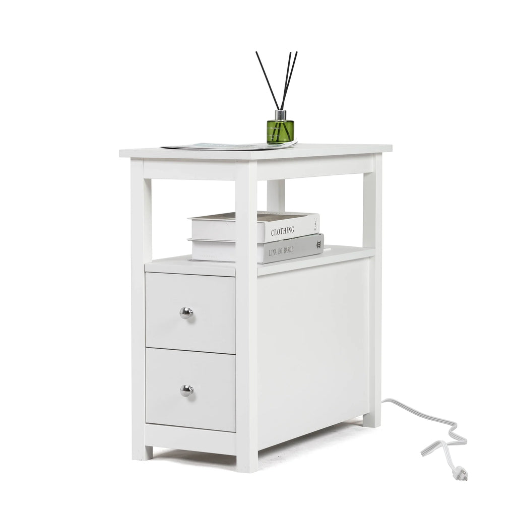White Narrow End Table with Charging Station P7549