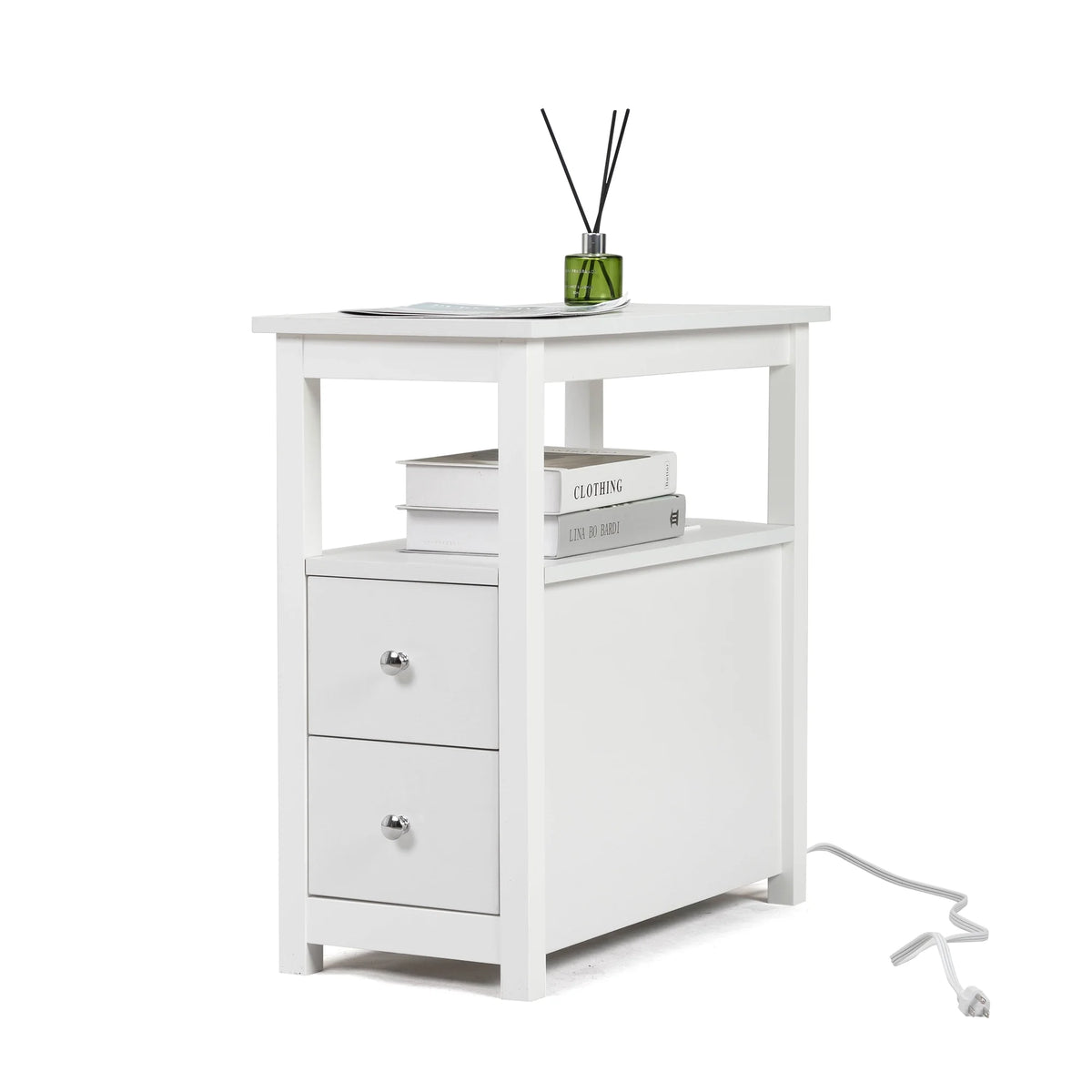 White Narrow End Table with Charging Station P7549