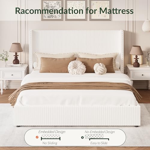 King Size White Corduroy Upholstered Platform Bed Frame with 4 Storage Drawers H610289