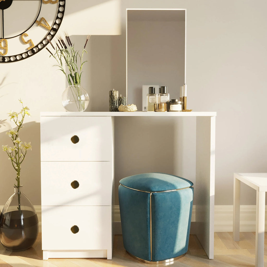 White Modern Makeup Vanity Desk with Mirror and 3 Drawers I6006
