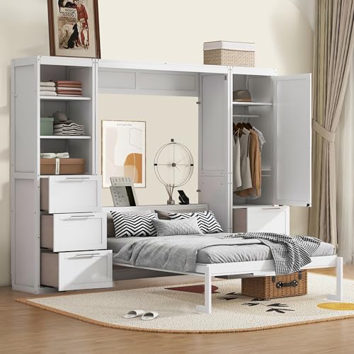 Queen Size White Murphy Bed with Drawers and Shelves P821