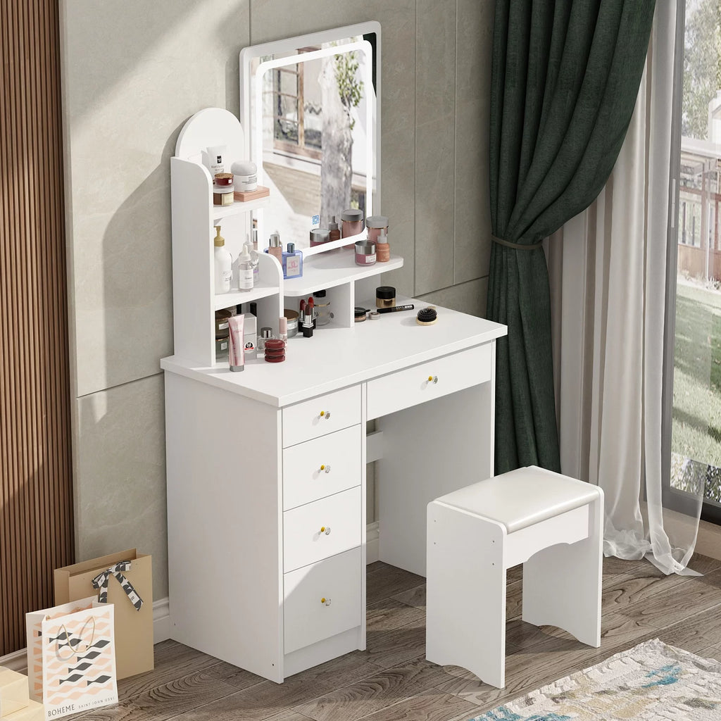 White Makeup Vanity Set with LED Light Mirror Stool K681