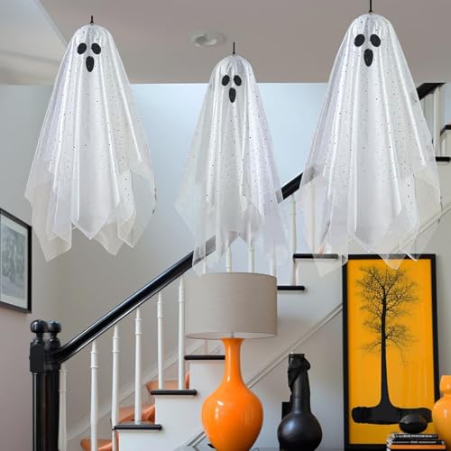 3 Pack 12" Lighted Hanging Ghost Halloween Decorations with Sheer Gauze A2629