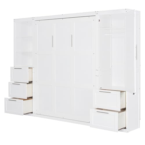 Queen Size White Murphy Bed with Drawers and Shelves P821