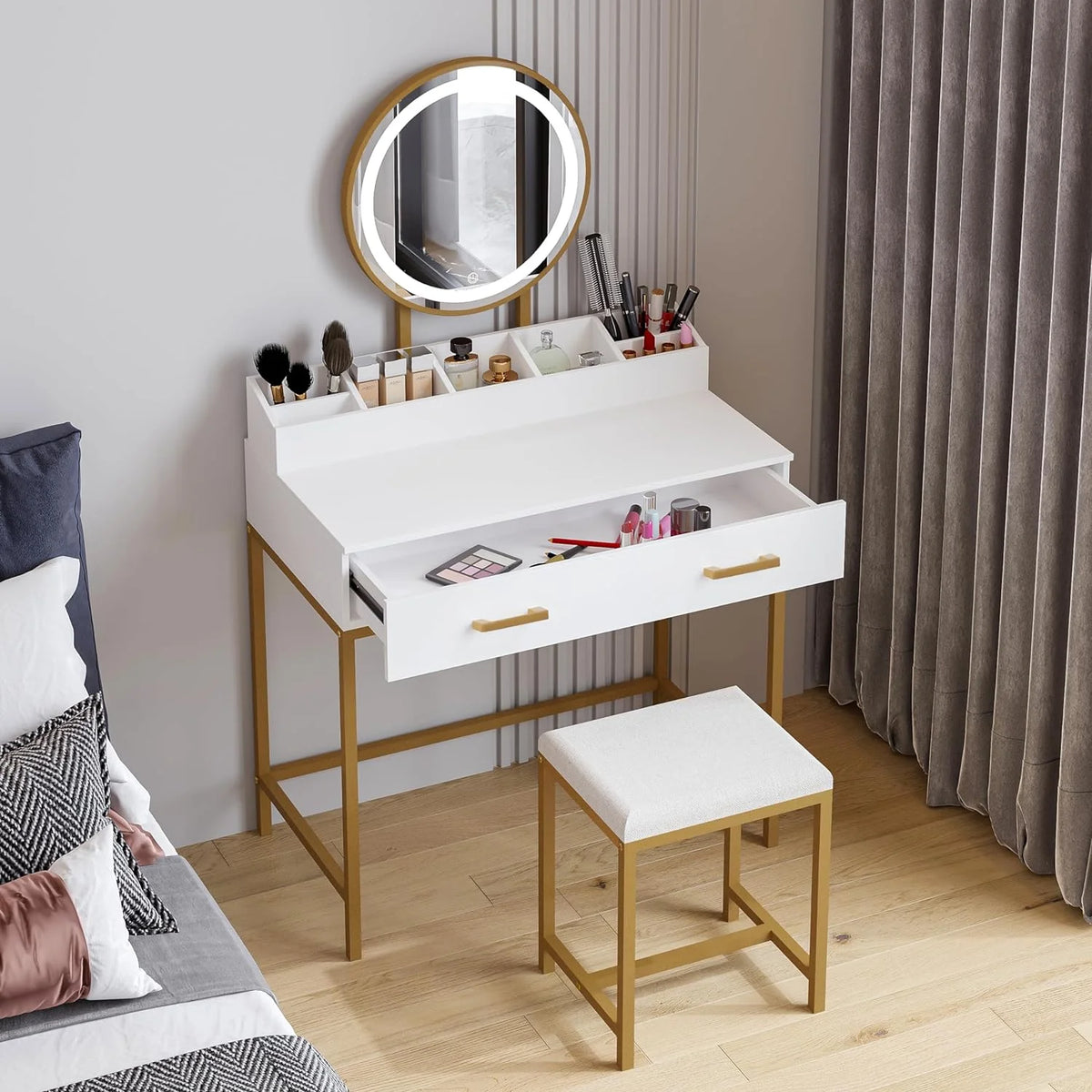 White Makeup Vanity Desk with Mirror and Lights N327623