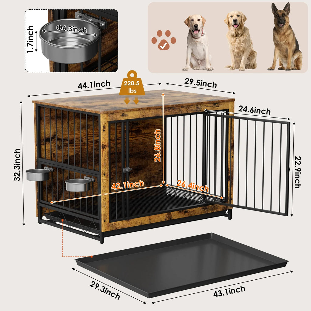 44.1'' Wooden Dog Crate with 2 Stainless Steel Bowls O76968