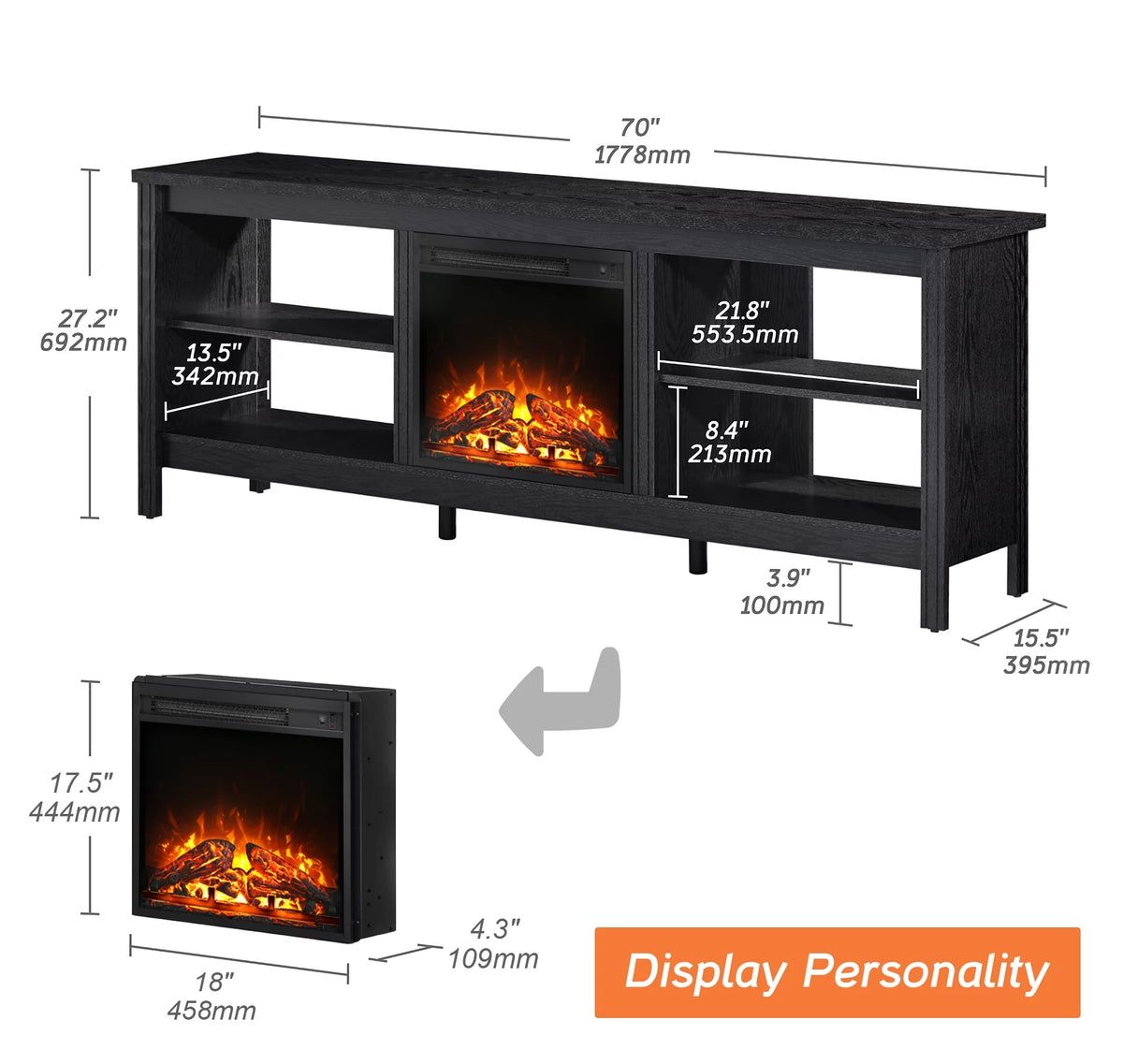 Black 70 inch Fireplace TV Stand L175