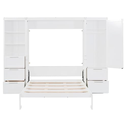 Queen Size White Murphy Bed with Drawers and Shelves P821