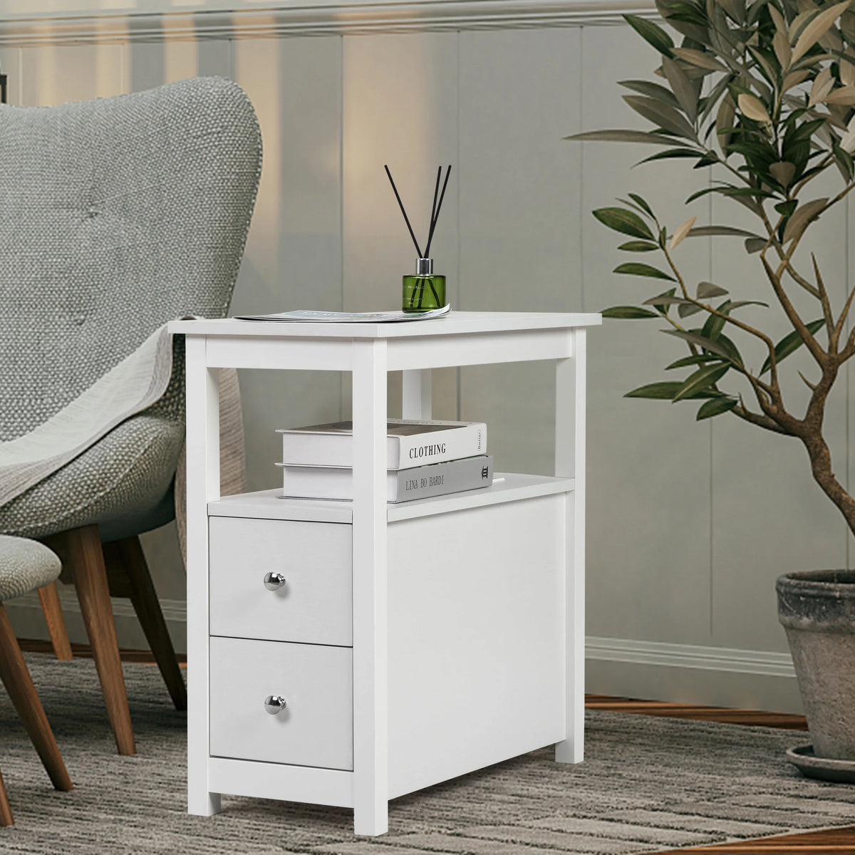 White Narrow End Table with Charging Station P7549