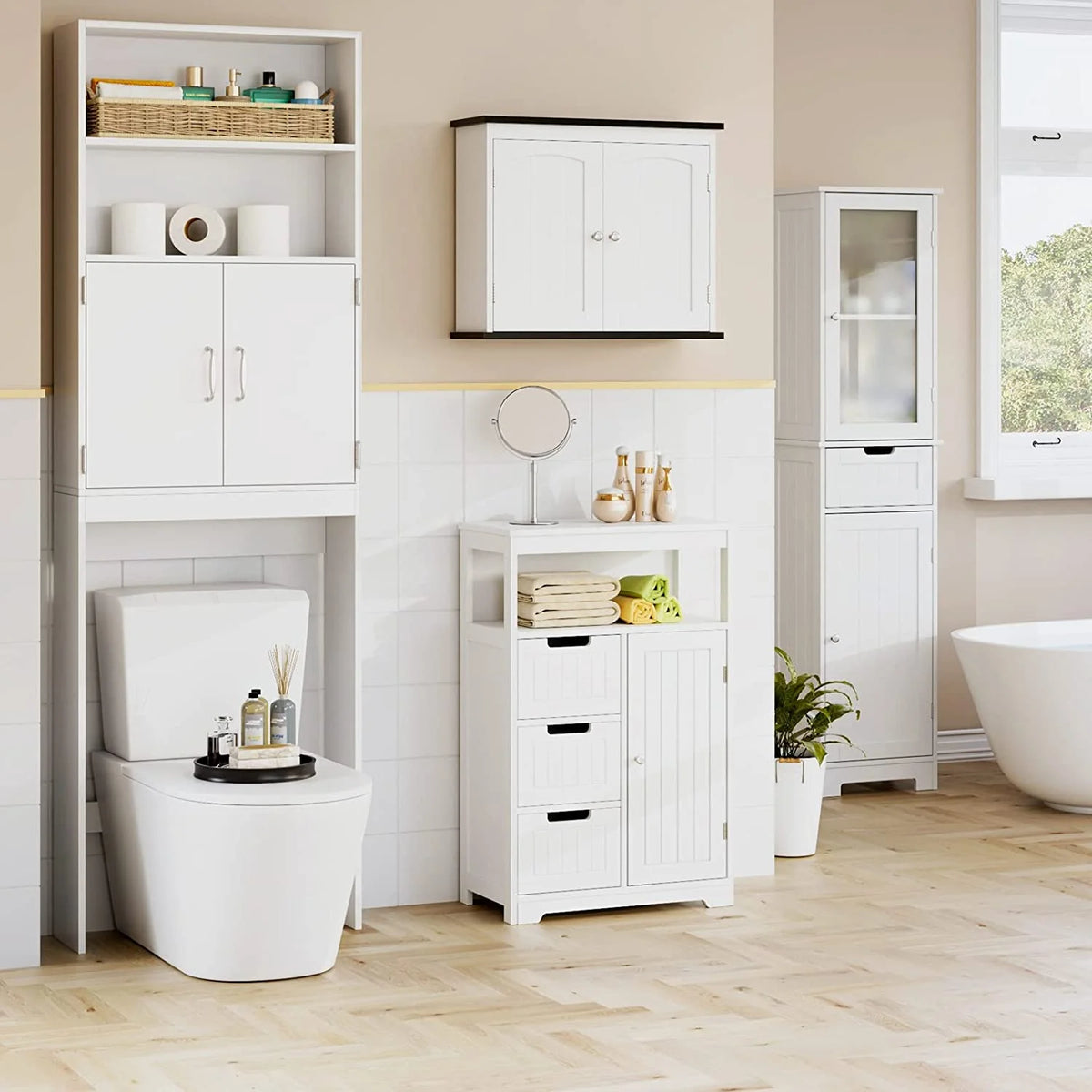 White Free Standing Bathroom Floor Cabinet with 3 Drawers and 1 Door T5774