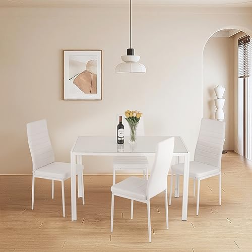5-Piece Glass Dining Table Set with 4 Upholstered Chairs X544