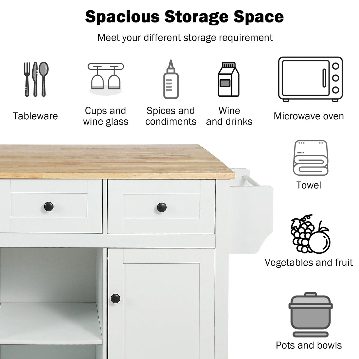 White Kitchen Island with Storage, Drop Leaf, 3 Drawers A977445
