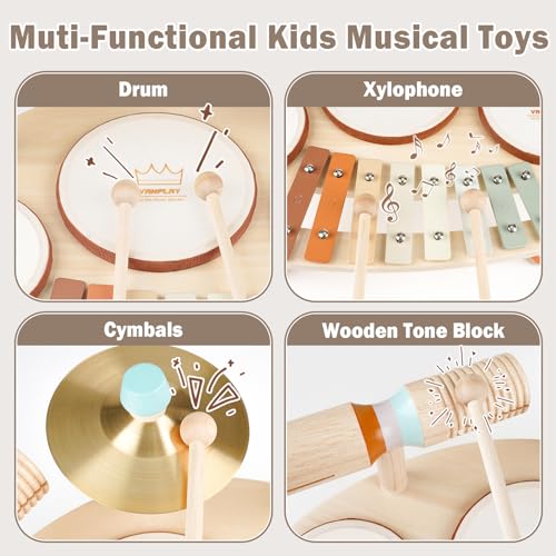 9 in 1 Wooden Musical Instruments Drum Set with Xylophone O976203