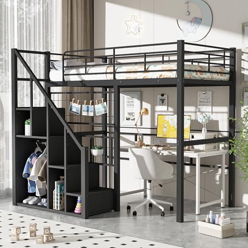Full Size Black Metal Loft Bed with Desk and Wardrobe J370