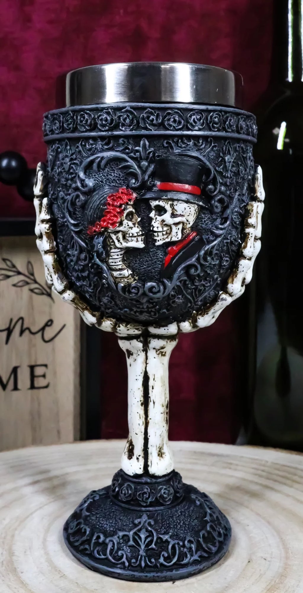 Gothic Day Of The Dead Skeleton Skull Bride And Groom Black Roses Wine Goblet C176482