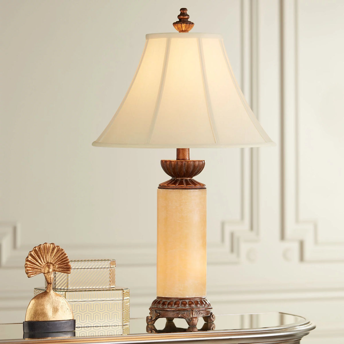 Traditional Table Lamp with Nightlight Bronze Onyx Column Off White Bell Shade R9417