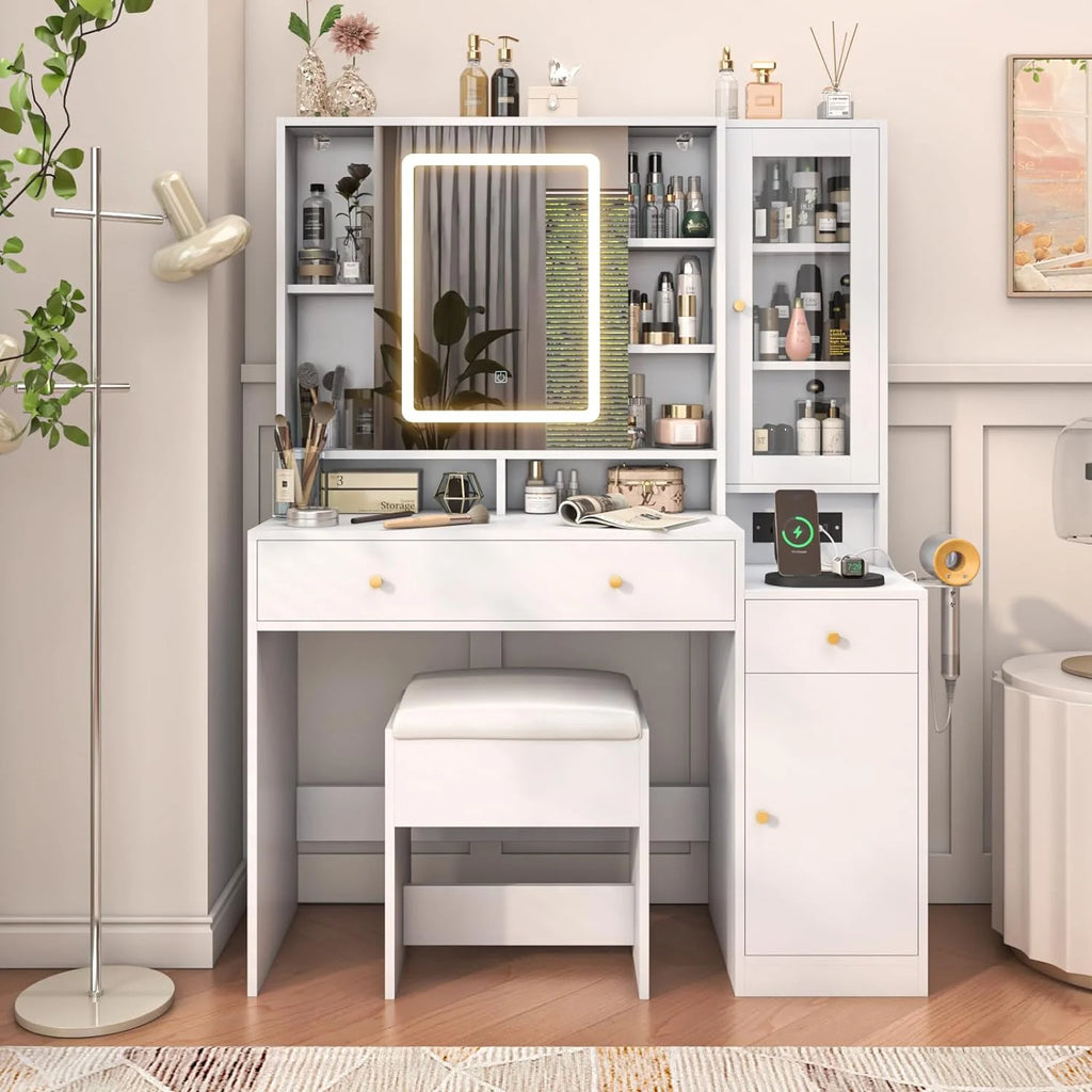 White Vanity Desk with Sliding Mirror and Lights M296920
