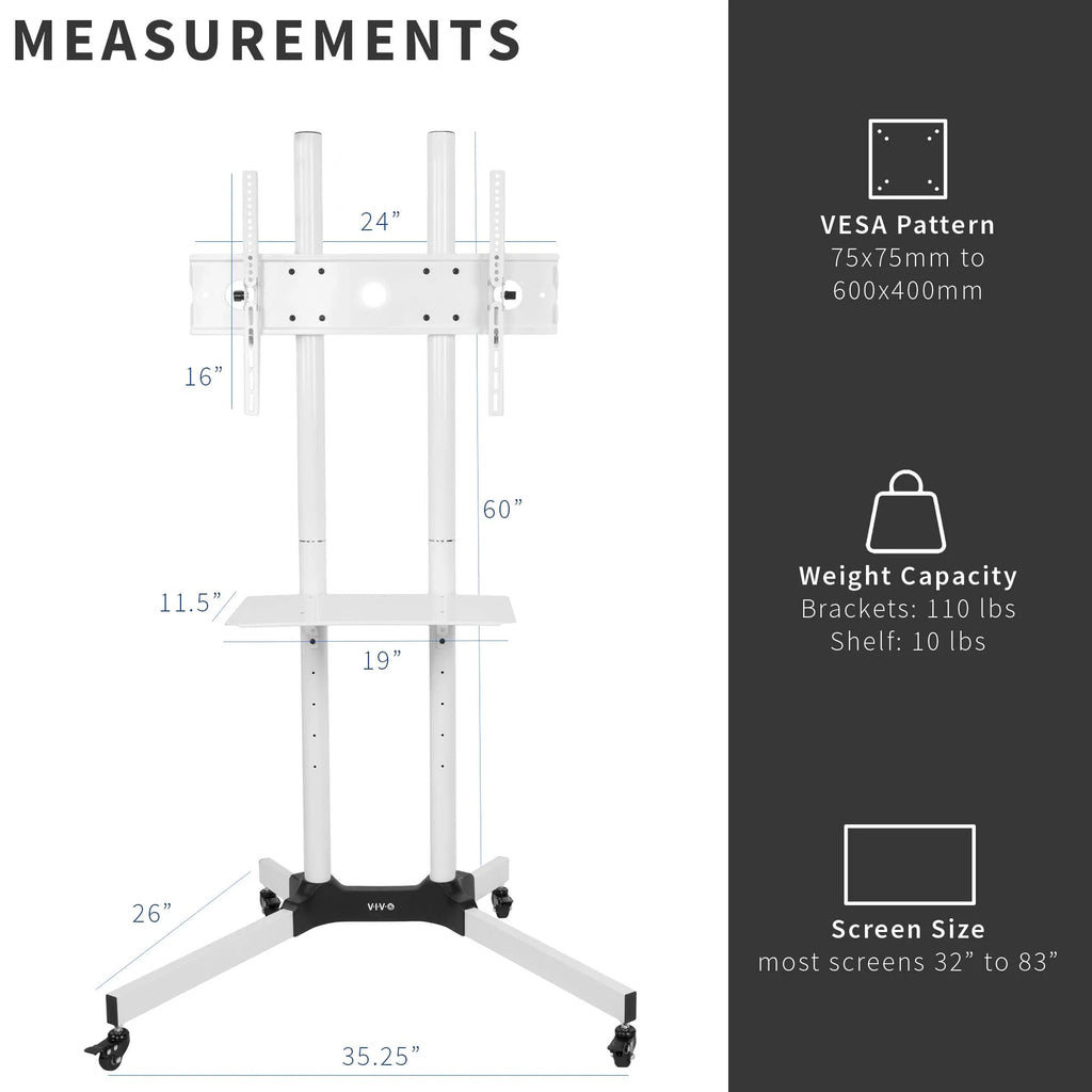 White Mobile TV Cart for 32" to 83" Flat Panel B566