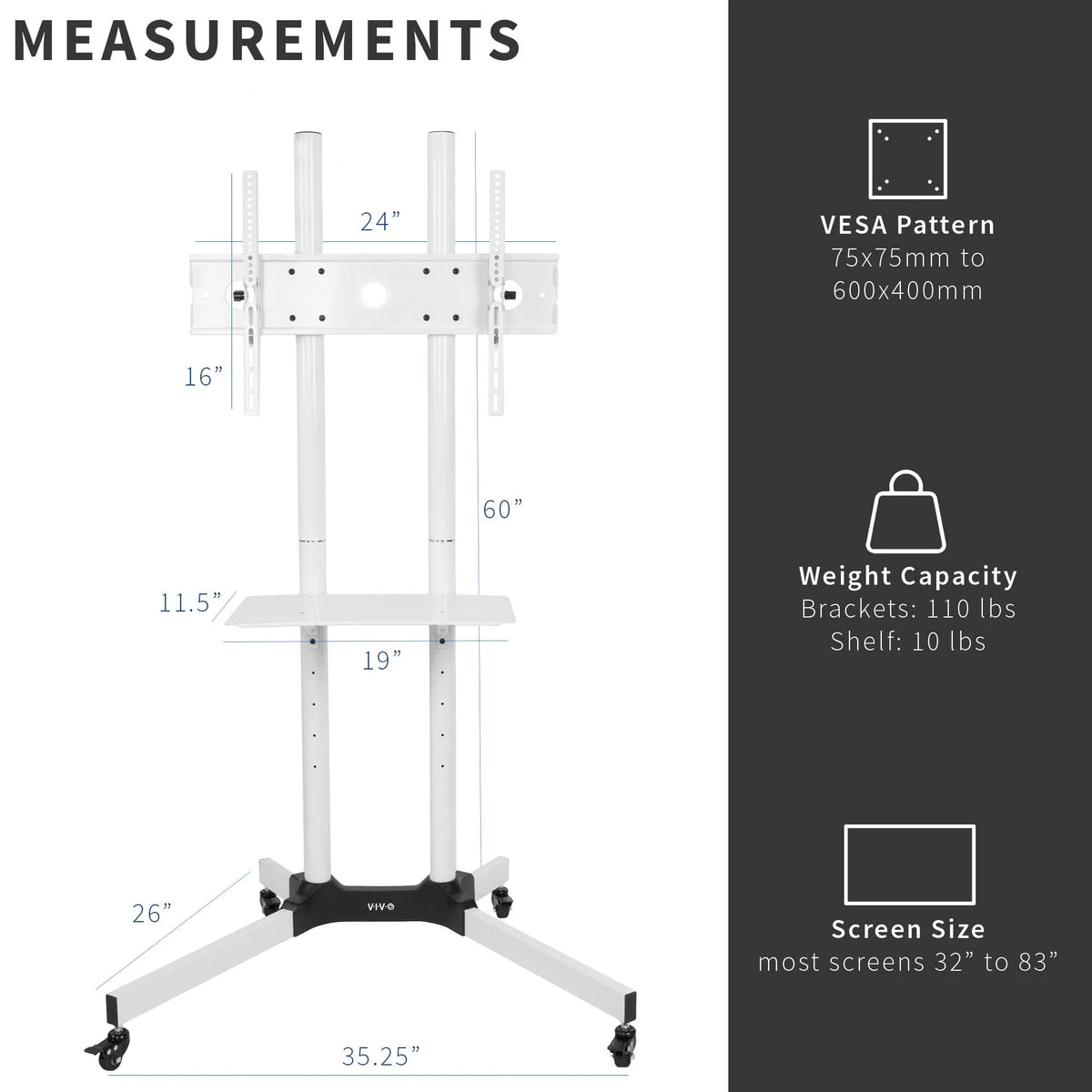 White Mobile TV Cart for 32" to 83" Flat Panel B566