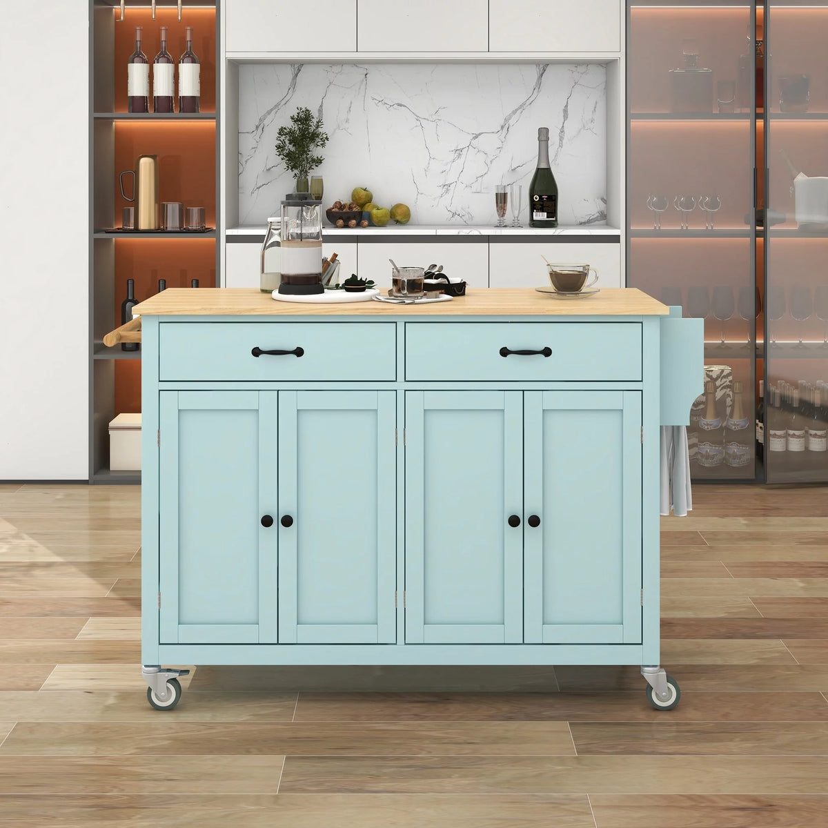 2-Drawer Rolling Kitchen Island Cart with Solid Wood Top & Door Cabinets Mint Green Y654