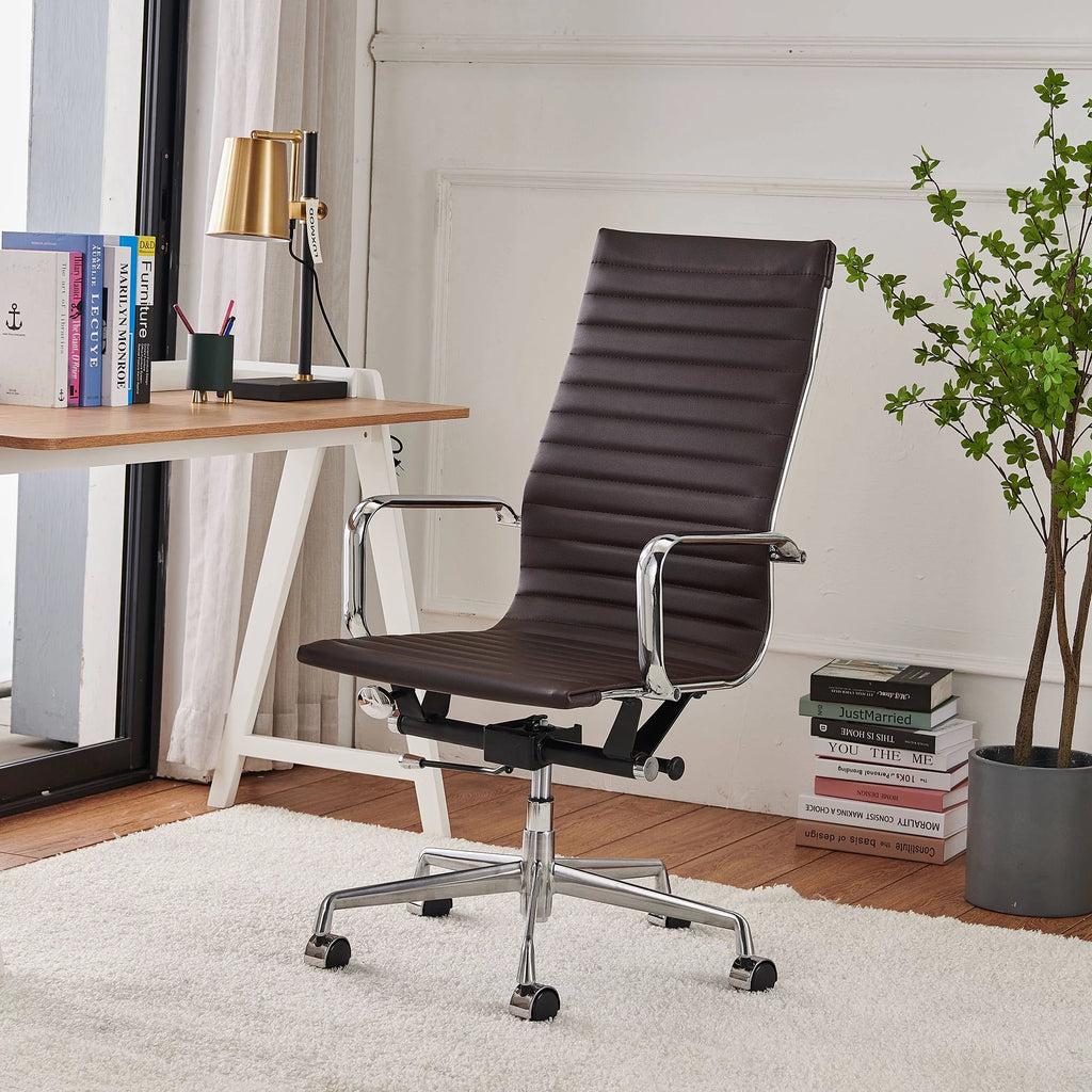 High Back Executive Office Chair with Armrest Adjustable Swivel Vegan Leather Brown I985903