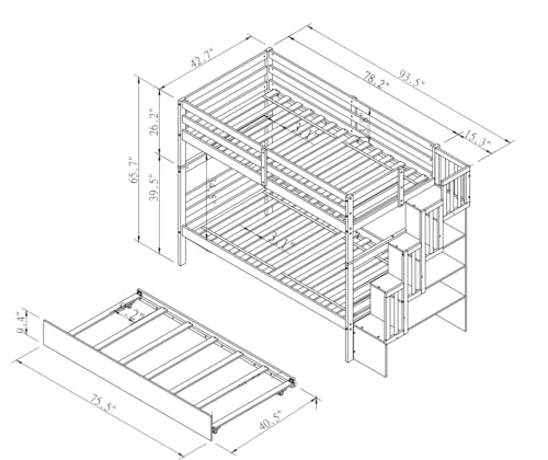 Twin Over Twin White Solid Wood Bunk Bed with Trundle and Storage Stairs R446184