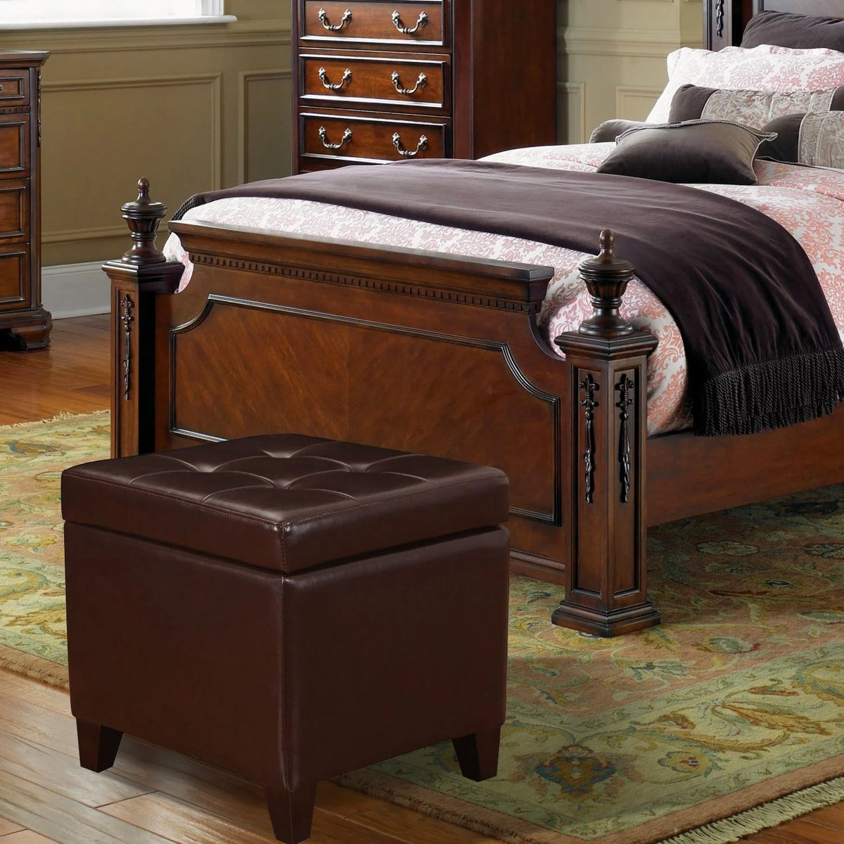 Brown Bonded Leather Tufted Storage Ottoman V8901