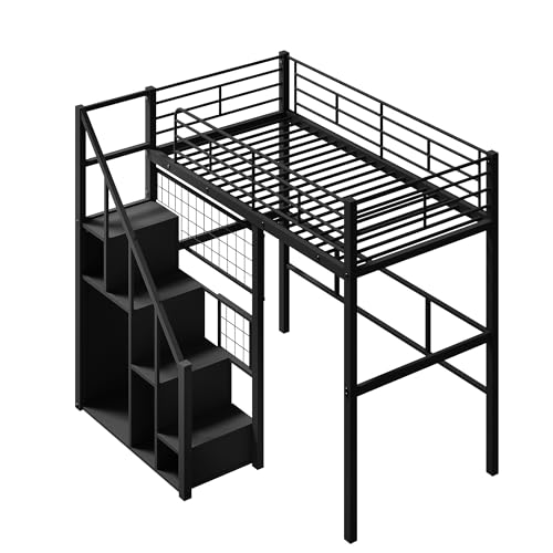 Full Size Black Metal Loft Bed with Desk and Wardrobe J370
