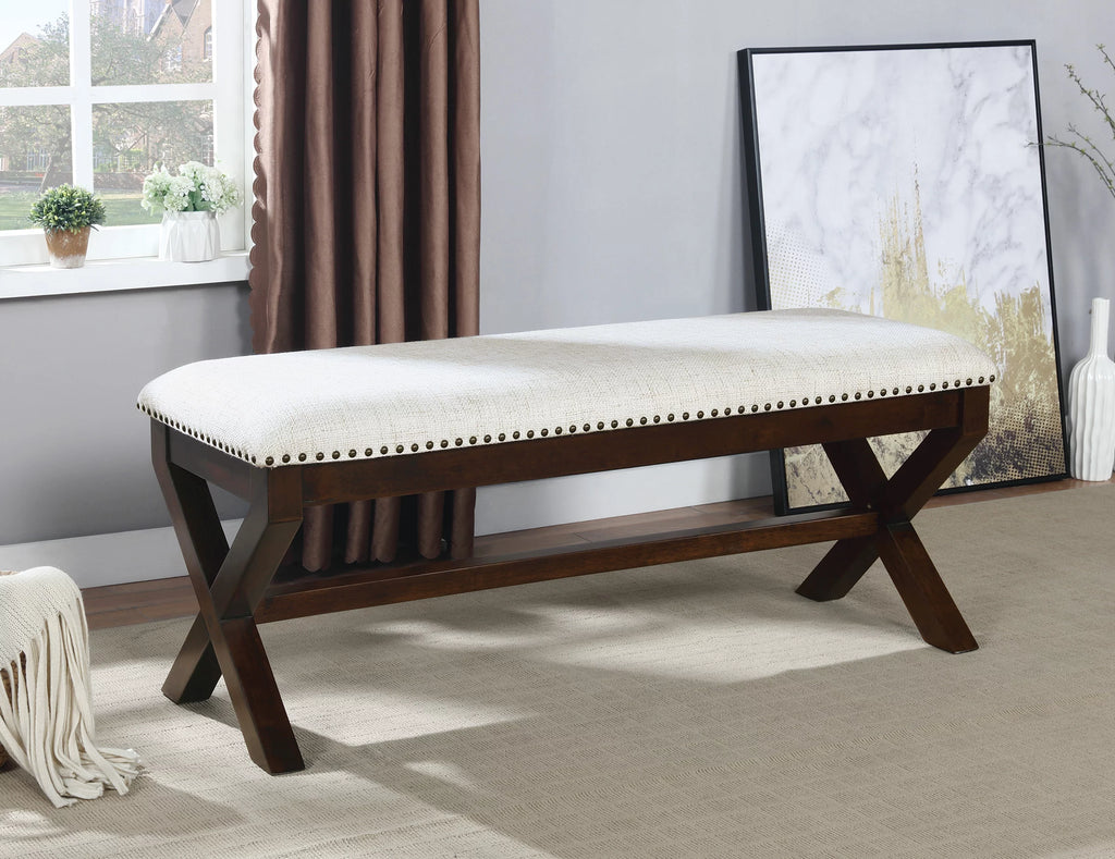 Linen White Fabric Bench with Dark Walnut Base C2821